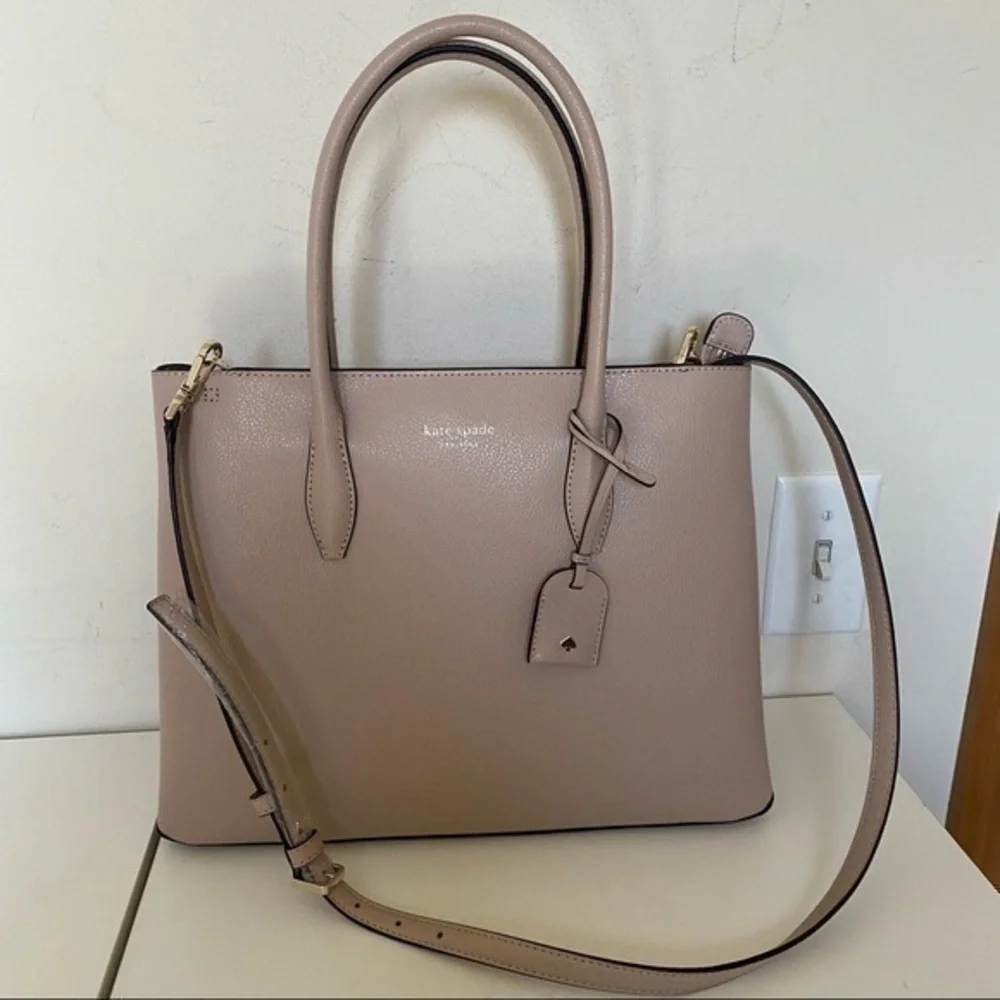 Kate Spade Cream Tan Leather Medium Top Zip Structured Tote Satchel Bag
